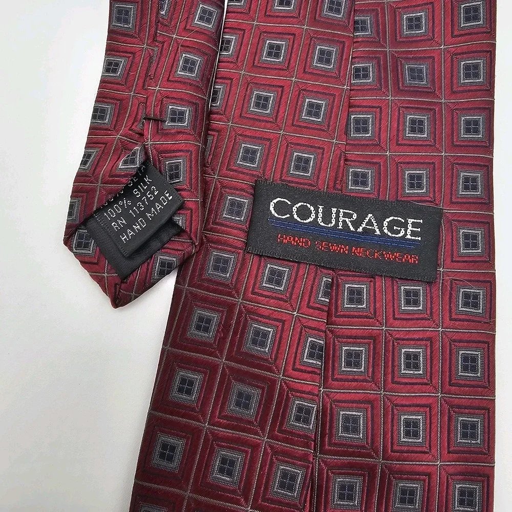 Courage Hand Sewn Silk Tie Burgundy Red Gray Geometric Square Pattern Classic...